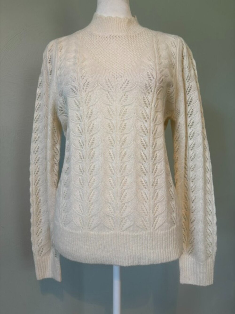 LOFT Cream Mock Neck Pointelle Sweater w/Puffed Sleeves Women's Size Small
